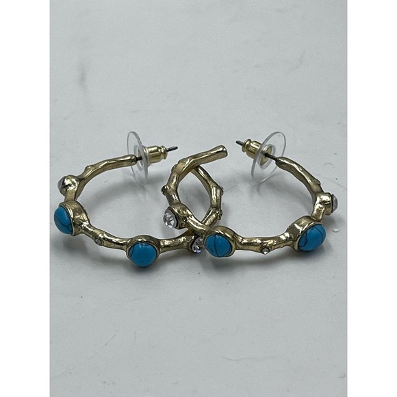 Graziano Gold Tone and Blue Cabochon Pierced Hoop Earrings - Picture 13 of 14